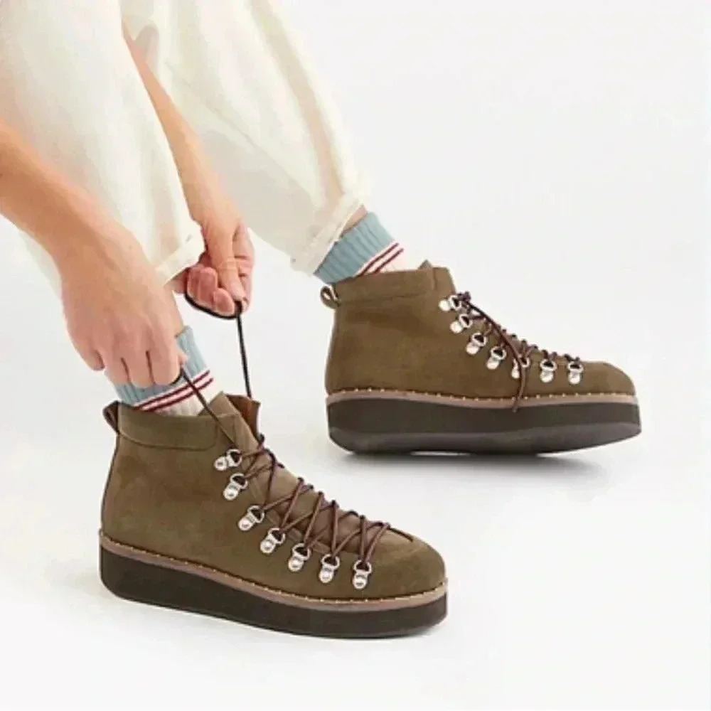 Free People Olive Green Suede Platform Hiking Boots